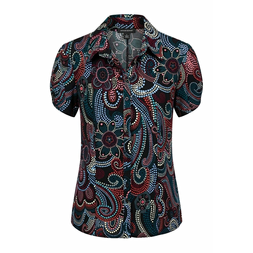 BISOU BISOU Women's Plus 1X Black Multicolor Paisley Collared Puff Sleeve Top